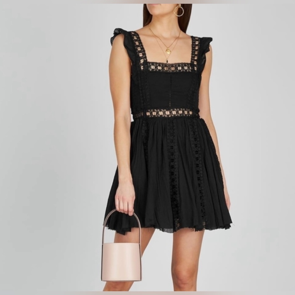 Free People Black Lace-Trim Square Neck Mini Dress size m